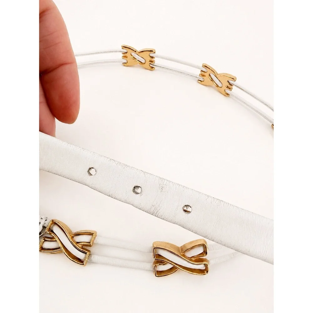 Calderon Leather Belt Womens S White‎ Gold Hardware Vintage Skinny Chic Luxury